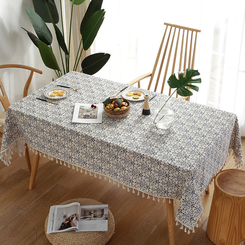 Blue and white cotton tablecloth with beautiful classic pattern and tassels