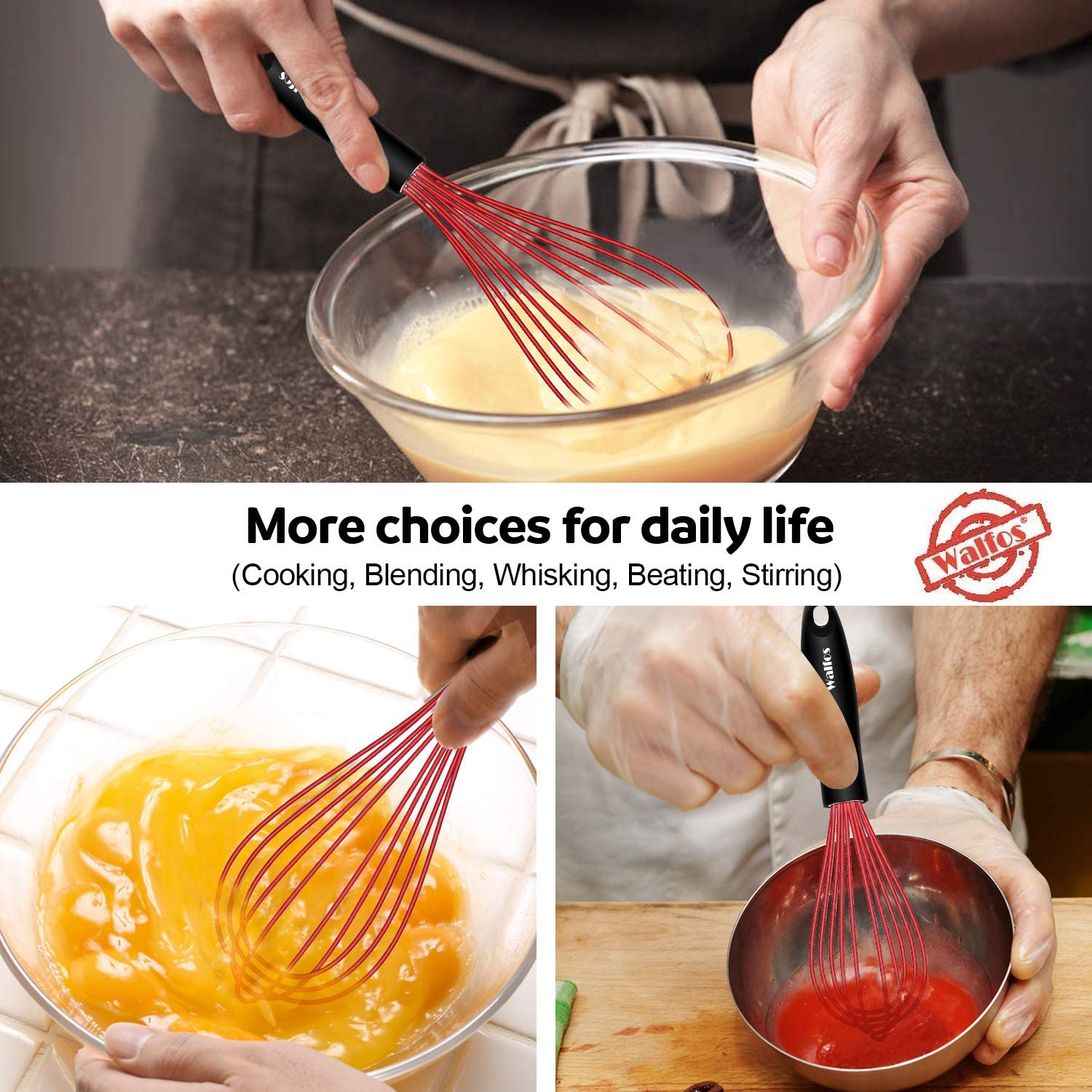 A silicone coated balloon whisk in fabulous red color performing different tasks