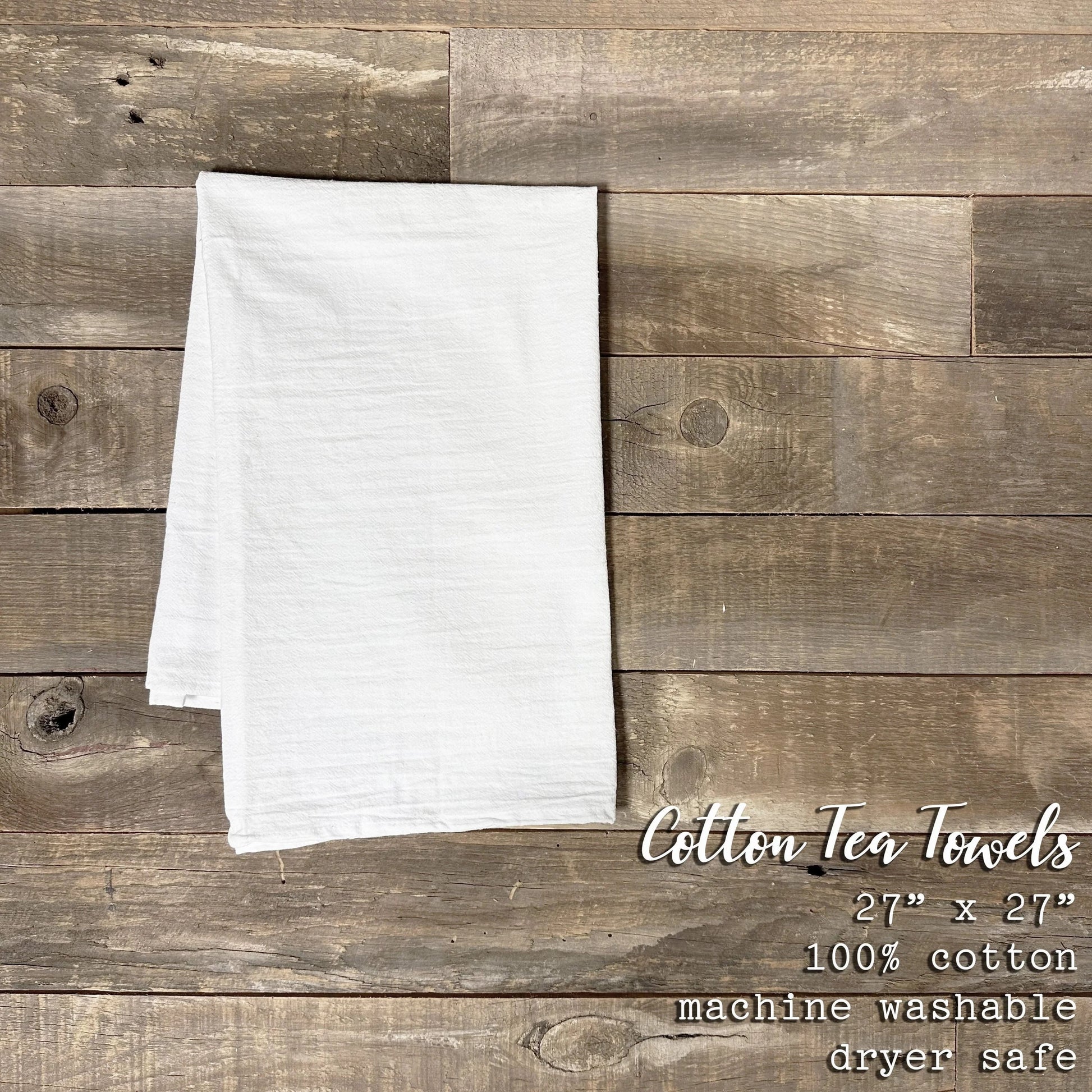 White 100% cotton tea towel, printed in Wisconsin, America