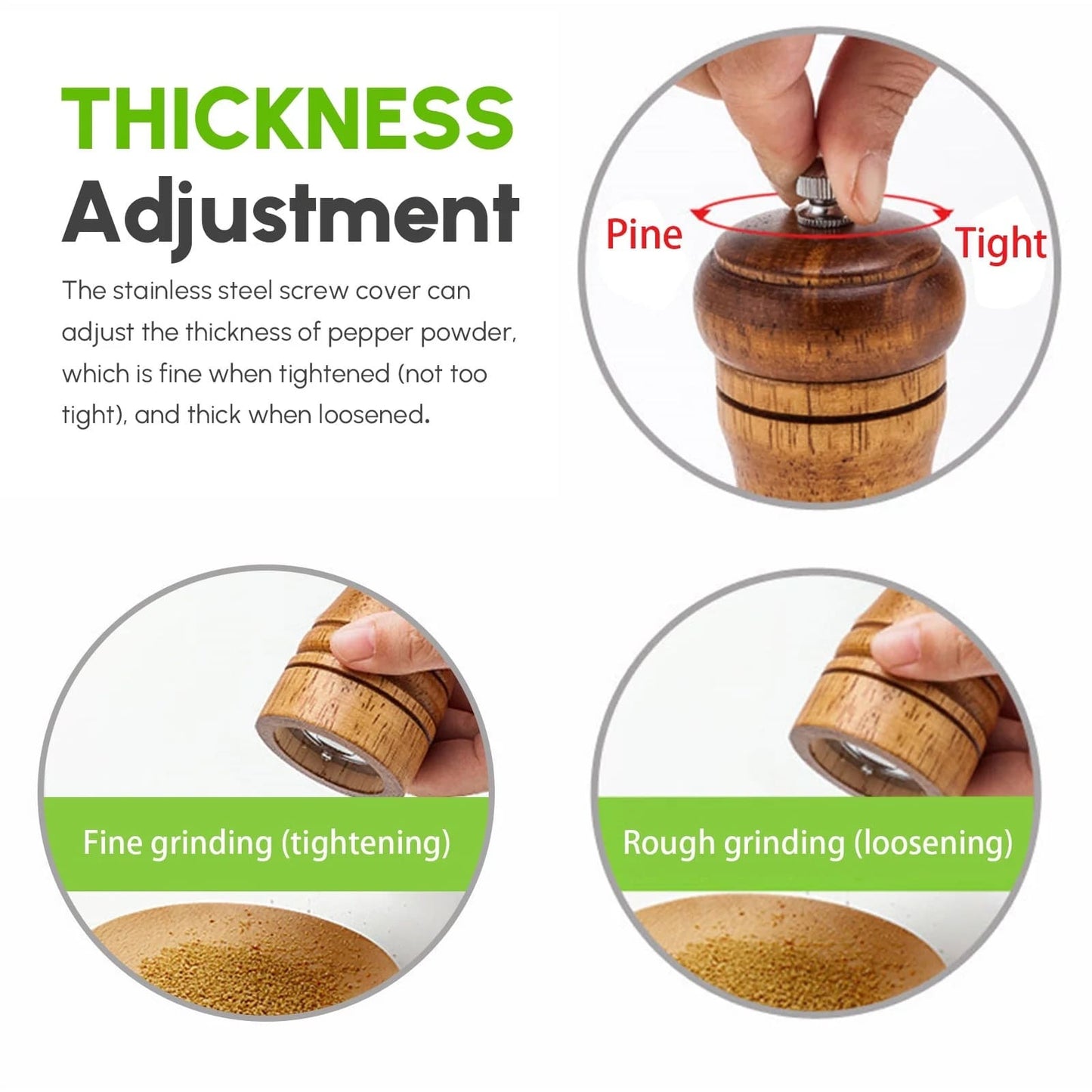 Visual guide showing how to adjust the coarseness of the spice grinder for optimal seasoning control.