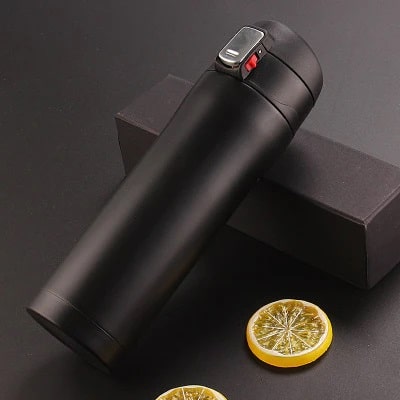 A black insulated flask for hot or cold beverages