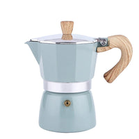 A blue Italian coffee maker with wooden handle and knob