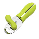 A green multifunction can opener effortlessly opens broken food tins and removes the freshly cut lid with ease