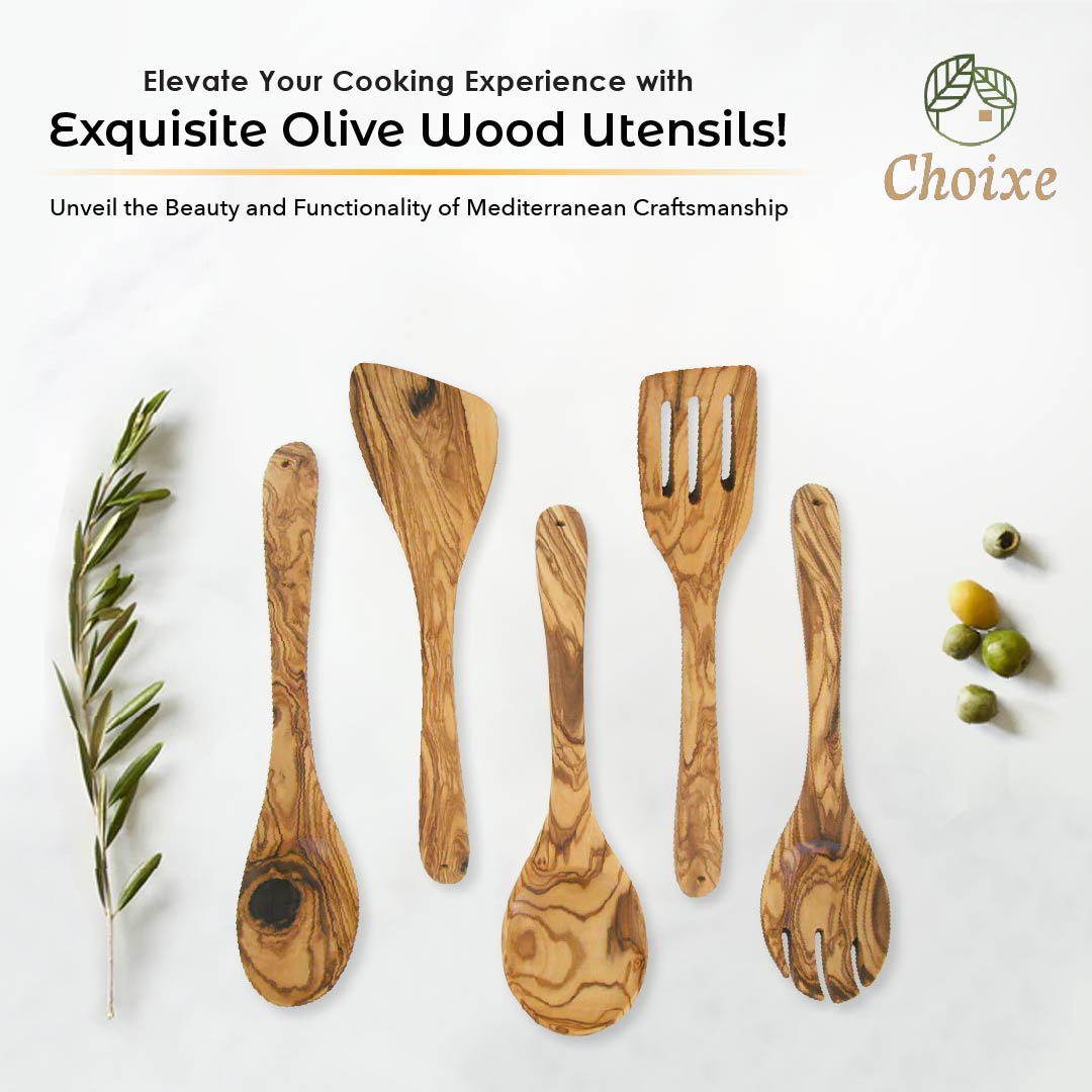 A beautiful and practical olive wood kitchen utensil set of spoons and spatulas