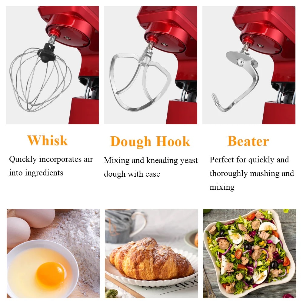 Introducing the different hooks of red kitchen mixer designed for whisking, mixing and kneading.