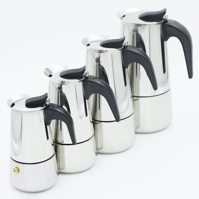 Stainless steel espresso maker available in four sizes for crafting savory Italian coffee