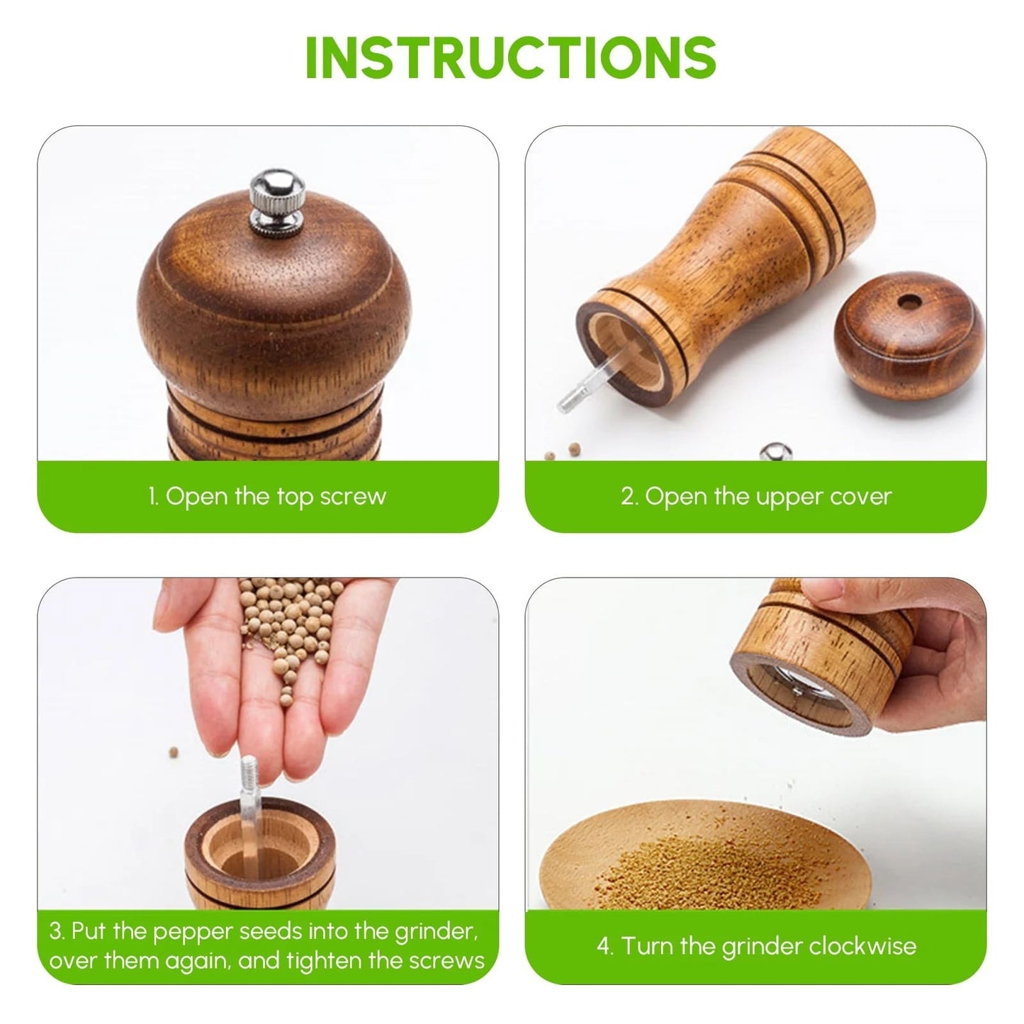 Istructions for filling an oak wood pepper grinder.