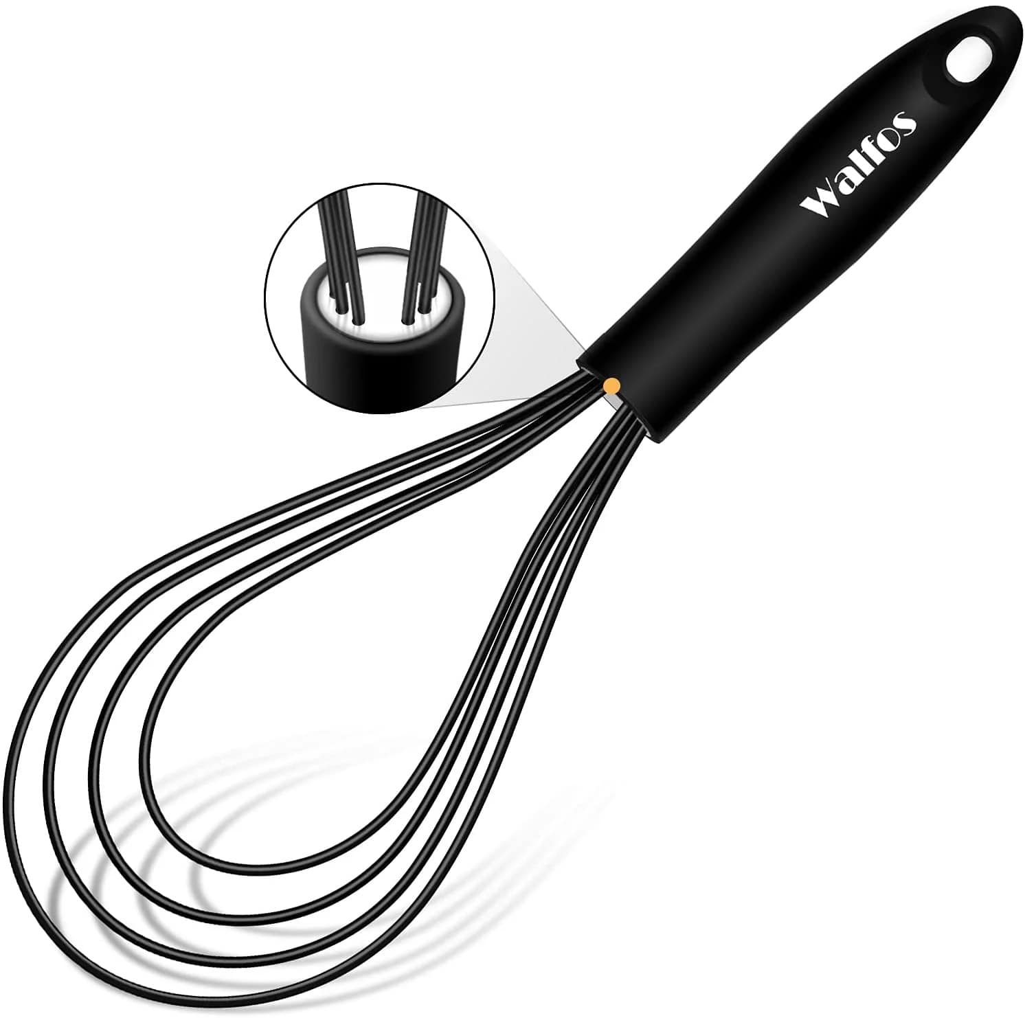 Black silicone flat whisk designed for use in all flat-bottom pans.