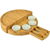 Foldable snack tray with a set of bowls and cheese knives