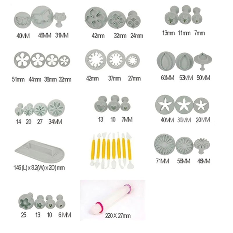 A close-up of tools included in mega set of fondant icing tools.