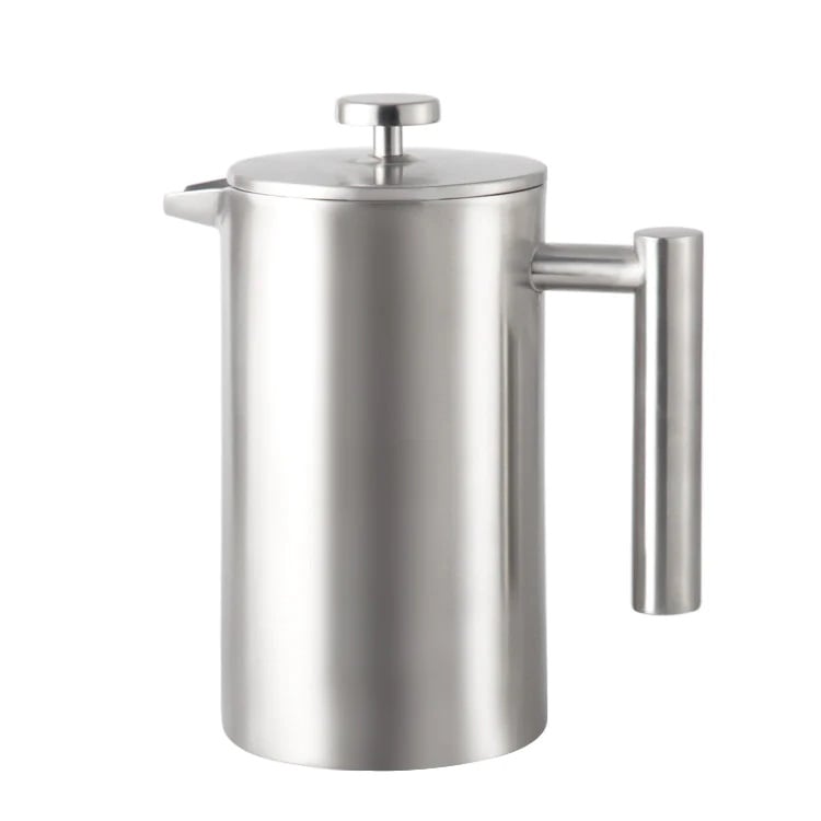 A shiny stainless steel French press