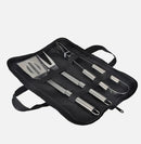 Stainless steel BBQ grill utensils set in a stylish grill tool case.