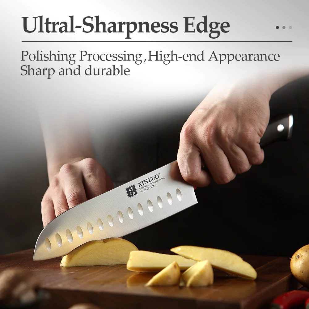 A super sharp hollow edge knife cutting potatoes