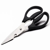 Multifunctional kitchen shears that cut hard and soft, scale fish, crack nuts and open bottles. The can be used as poultry scissors.