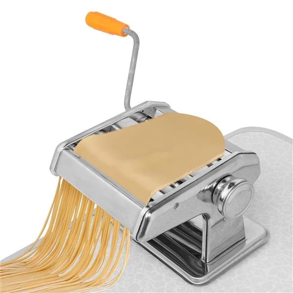 Hand crank dual pasta machine rolling fresh pasta for a perfect meal.