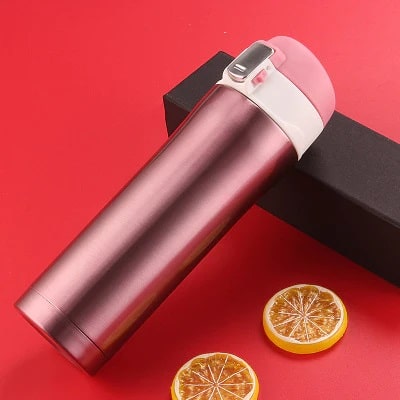 This shiny pink insulated flask keeps your drinks the right temperature