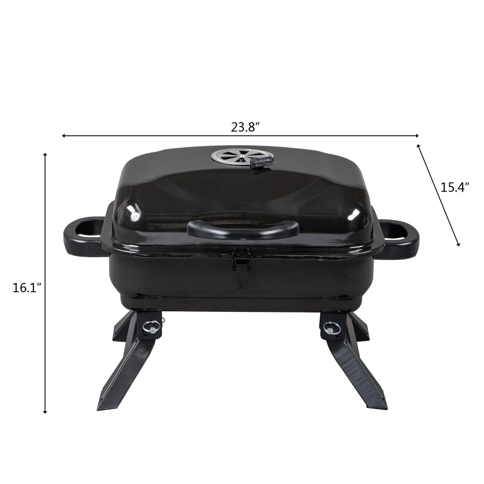 Measures for this compact Portable tabletop charcoal grill. Let's go for a campsite bbq!