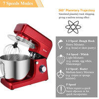 Instructions for using different whisk attachments at various speeds with a countertop mixer.