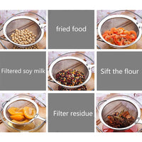 Stainless steel sieves strainingdifferent food ingredients.