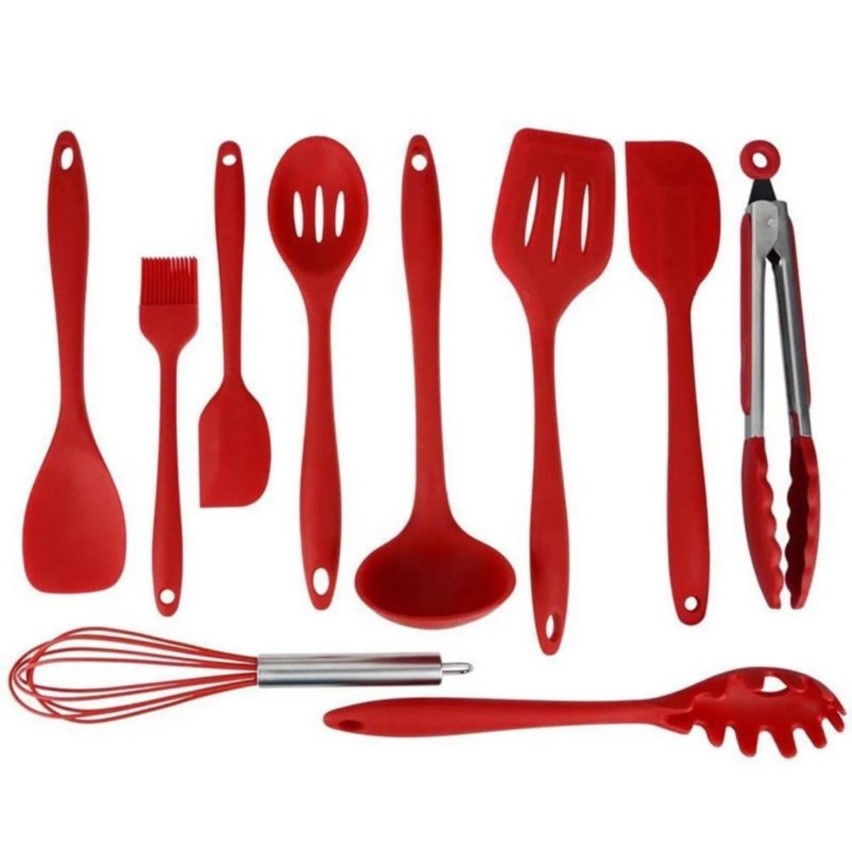 This red silicone cooking utensils set includes the most essential tools for every kitchen.