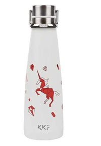 A stainless steel thermal bottle with a unicorn print.